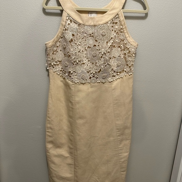 Anthropologie Postage Stamp Oleander crochet Linen Sheath Dress Size 10 Cream - Picture 4 of 14